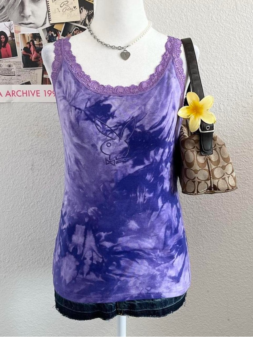 Vintage Y2K Deadstock Playboy Bunny Tie Dye Lace Tank Top